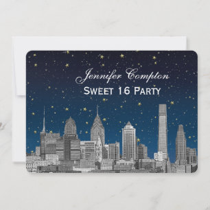 Convites Philadelphia Skyline Etch Blue Starry Sweet 16 H