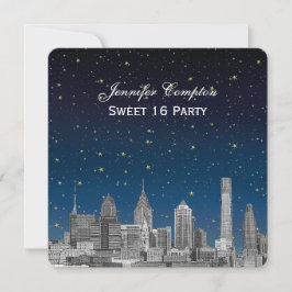 Convites Philadelphia Skyline Etch Blue Starry Sweet 16 H