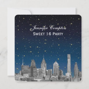 Convites Philadelphia Skyline Etch Blue Starry Sweet 16 H