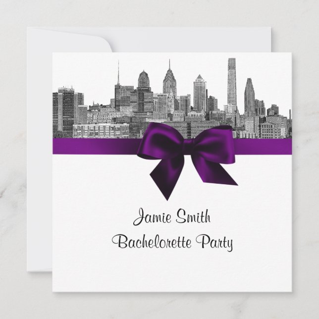 Convites Philadelphia Skyline Etch BW Purple Bachelorette (Frente)