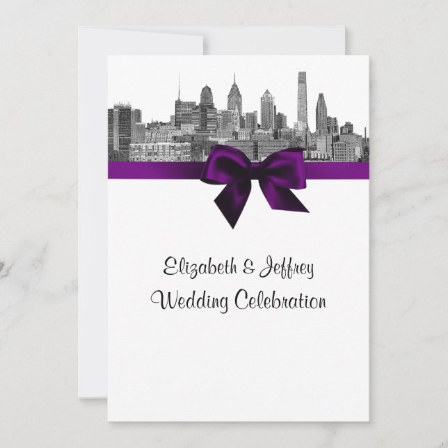 Convites Philadelphia Skyline Etch BW Purple V Casamento (Frente)