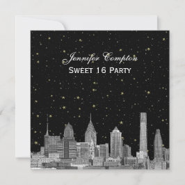 Convites Philadelphia Skyline Etch Starry DIY SQ Sweet 16