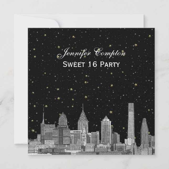 Convites Philadelphia Skyline Etch Starry DIY SQ Sweet 16 (Frente)