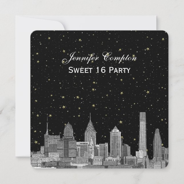Convites Philadelphia Skyline Etch Starry DIY SQ Sweet 16 (Frente)