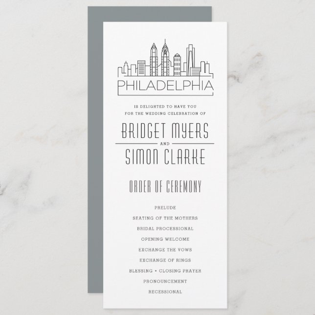 Convites Philadelphia Stylized Skyline | Programa Casamento (Frente/Verso)