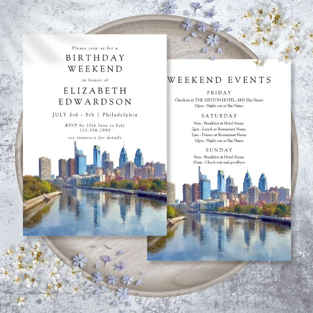 Convites Philadelphia Watercolor Birthday Weekend (Philadelphia Watercolor Birthday Weekend Invitation)
