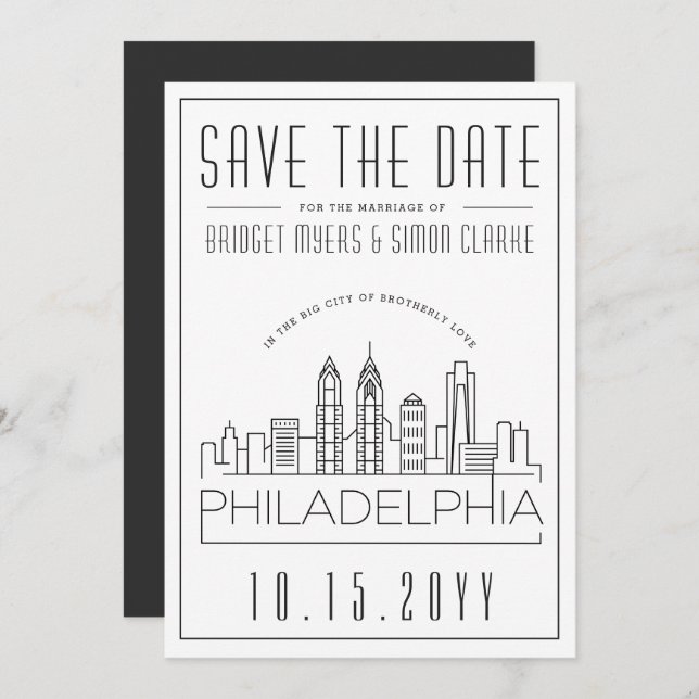 Convites Philly Wedding | Skyline Estilizado Salvar a Data (Frente/Verso)