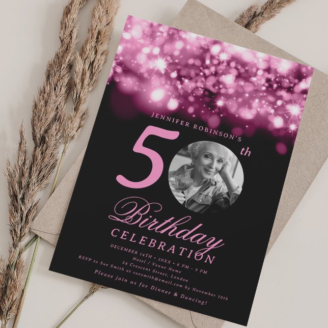 Convites Photo 50th Birthday Blush Pink Midnight Glam  (Photo 50th Birthday Blush Pink Midnight Glam Invitation)