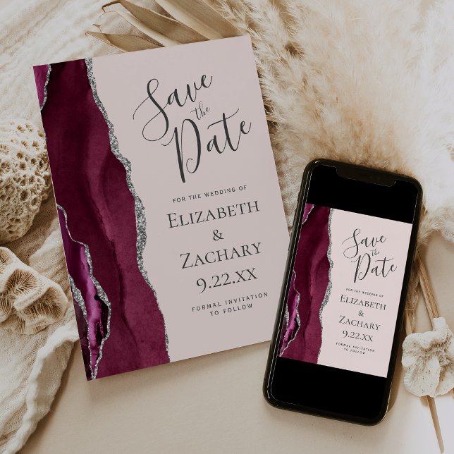 Convites Photo Agate Burgundy Silver Blush Save the Date (Criador carregado)