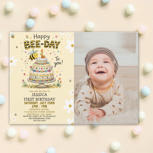 Convites Photo Bee-Day 1st Birthday Invitation – Cute Bee (Criador carregado)