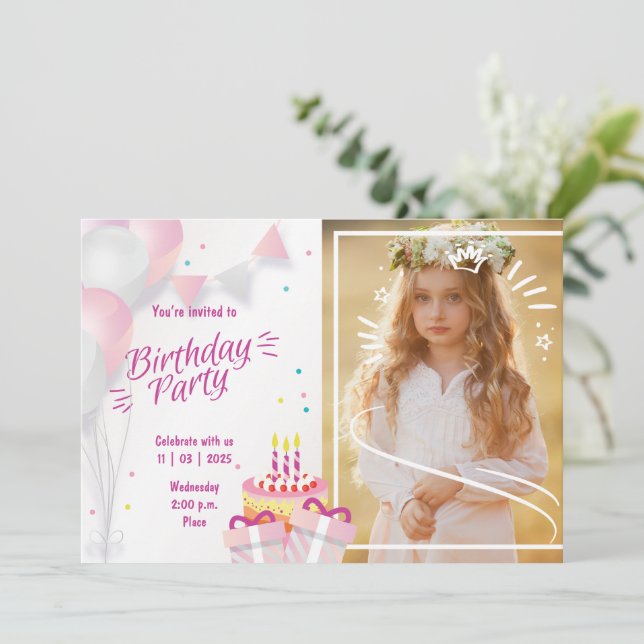 Convites Photo Birthday Invitation with Balloons & Cake (Em pé/Frente)