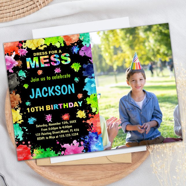 Convites Photo Black DressForMess Paint Aniversário (Photo Black DressForMess Paint Birthday Invitation)