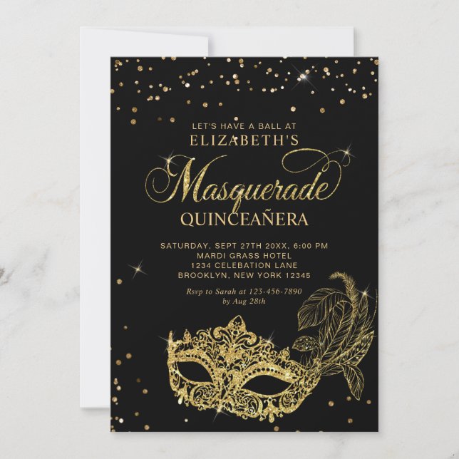 Convites Photo Black Gold Glitter Masquerade Quinceañera (Frente)