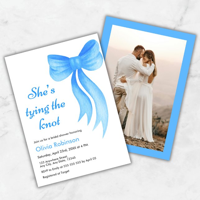 Convites Photo Blue Bow She's Tying the Knot Bridal Shower  (Photo Blue Bow She's Tying the Knot Bridal Shower Invitation )