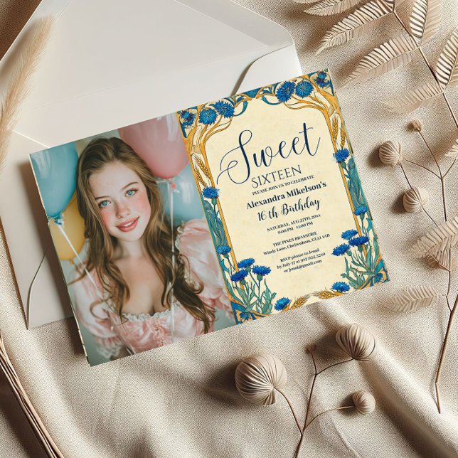 Convites Photo Blue Cornflower Art Nouveau Sweet Sixteen (Criador carregado)