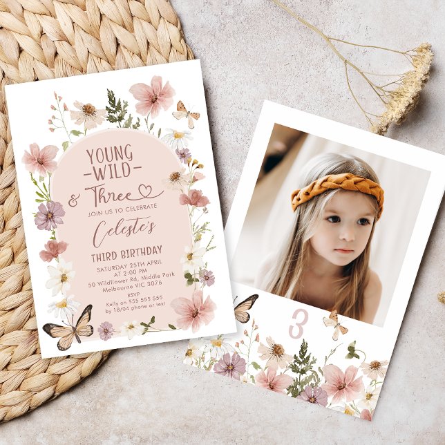 Convites Photo Blush Wildflower Young Wild Three Birthday  (Young, Wild and Three Birthday Invitation Wildflowers. Wildflowers 3rd Birthday Invitation Photo)
