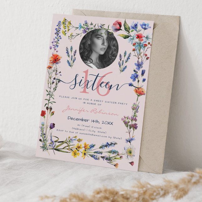 Convites PHOTO Boho Pressionado Flores Selvagens Sweet 16 B (PHOTO Boho Pressed Wildflowers Sweet 16 Blush Invitation)