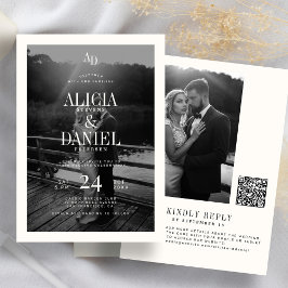 Convites Photo classic black and ivory QR code RSVP wedding