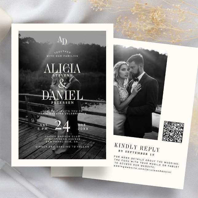 Convites Photo classic black and ivory QR code RSVP wedding (Criador carregado)
