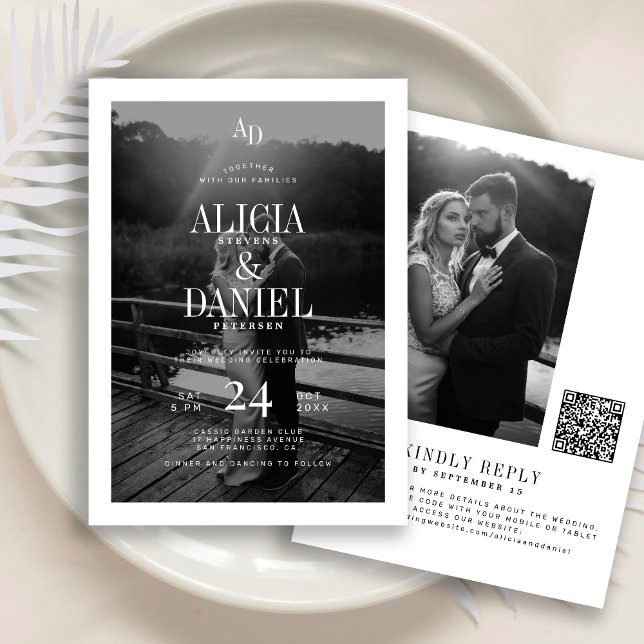 Convites Photo classic black and white QR code RSVP wedding (Criador carregado)
