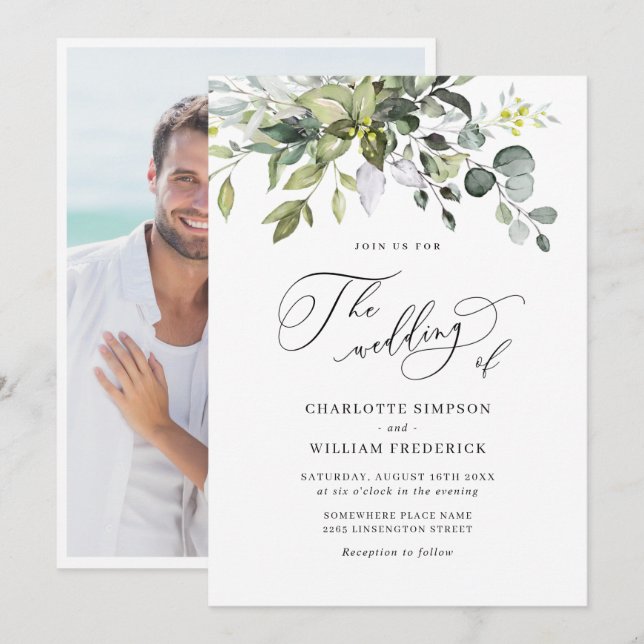 Convites PHOTO De Casamento Floral Eucalyptus Com Aquarela  (Frente/Verso)