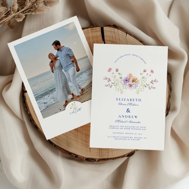 Convites Photo Dusty Blue Crest Floral Wedding (Criador carregado)