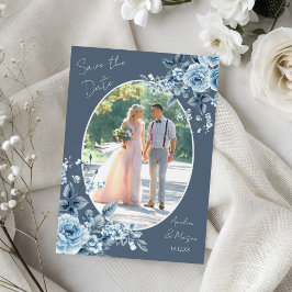 Convites Photo Dusty Blue Script Floral Save the Date Card