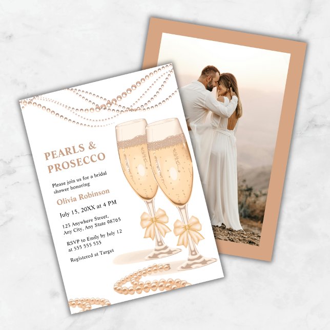 Convites Photo Gold Bow Pearls and Prosecco Bridal Shower (Photo Gold Bow Pearls and Prosecco Bridal Shower Invitation )