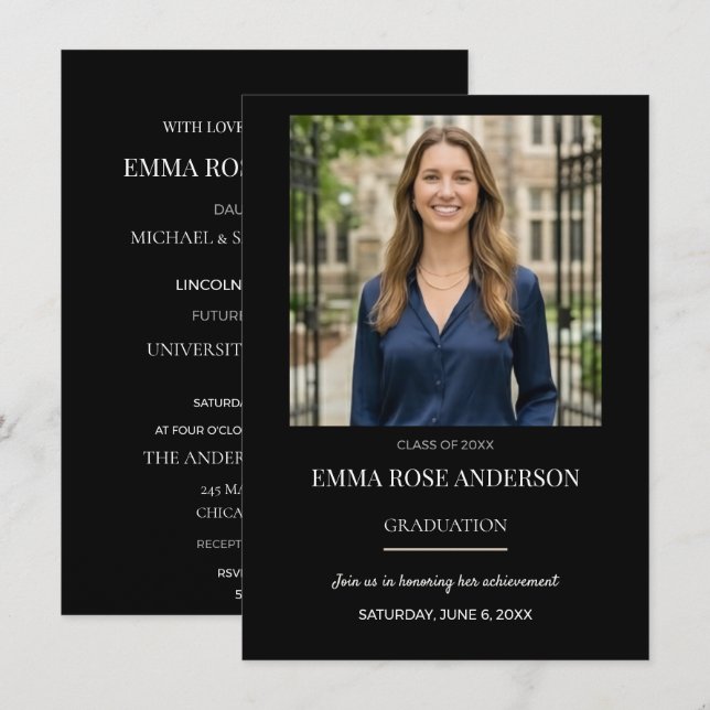 Convites Photo Graduation Invitation Template for Her (Frente/Verso)