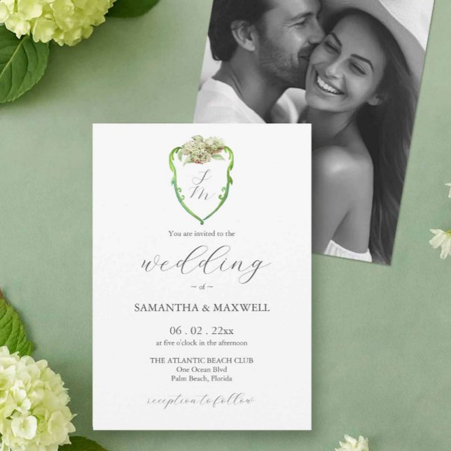 Convites Photo Hydrangea Wedding Monogram Invitations (wedding monogram invitations with green and white hydrangeas by Victoria of Do Tell A Belle)
