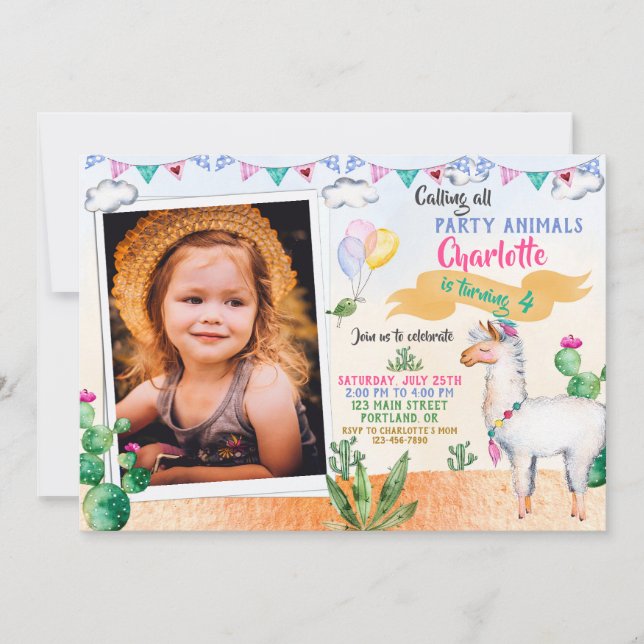 Convites Photo Llama Birthday Invitation - Alpaca Party (Frente)