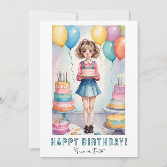 Convites *PHOTO NAME Birthday Card Girl Cake (Frente)