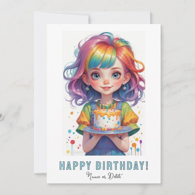 Convites *PHOTO NAME Birthday Girl Cake Rainbow Red Hair (Frente)