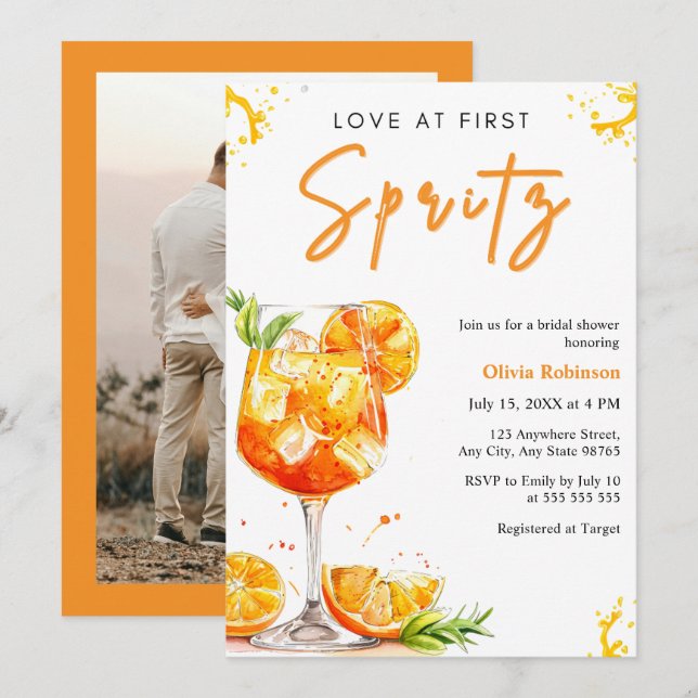 Convites Photo Orange Love at First Spritz Bridal Shower (Frente/Verso)