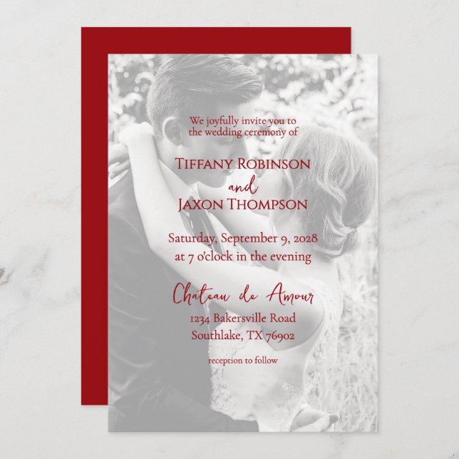 Convites Photo Overlay Lovely Red Text Minimalist Wedding (Frente/Verso)