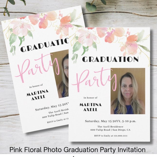 Convites Photo Pink Floral Graduation Party Invitation (Criador carregado)