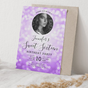 Convites PHOTO Purple Bokeh Lights Sweet 16 Party