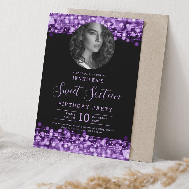 Convites PHOTO Purple Sparkles Sweet 16 Festa de aniversári (PHOTO Purple Sparkles Sweet 16 Birthday Party Invitation)