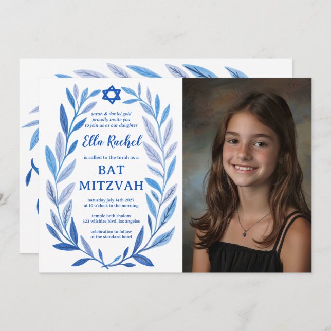 Convites PHOTO QR Bat Mitzvah, PERSONALIZADO A Cores Aquáti (Frente/Verso)