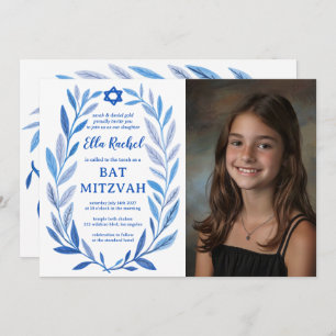 Convites PHOTO QR Bat Mitzvah, PERSONALIZADO A Cores Aquáti