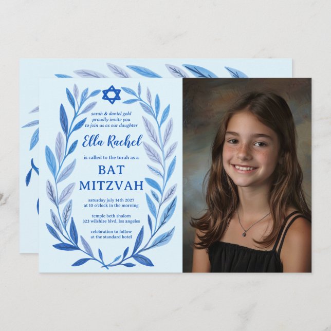 Convites PHOTO QR Bat Mitzvah, PERSONALIZADO A Cores Aquáti (Frente/Verso)