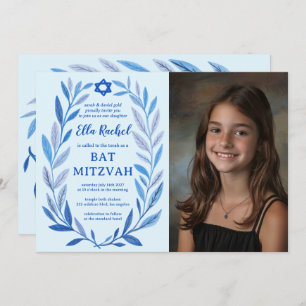 Convites PHOTO QR Bat Mitzvah, PERSONALIZADO A Cores Aquáti