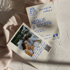 Convites Photo QR Code Hand Drawn Blue Cake Bows Wedding 