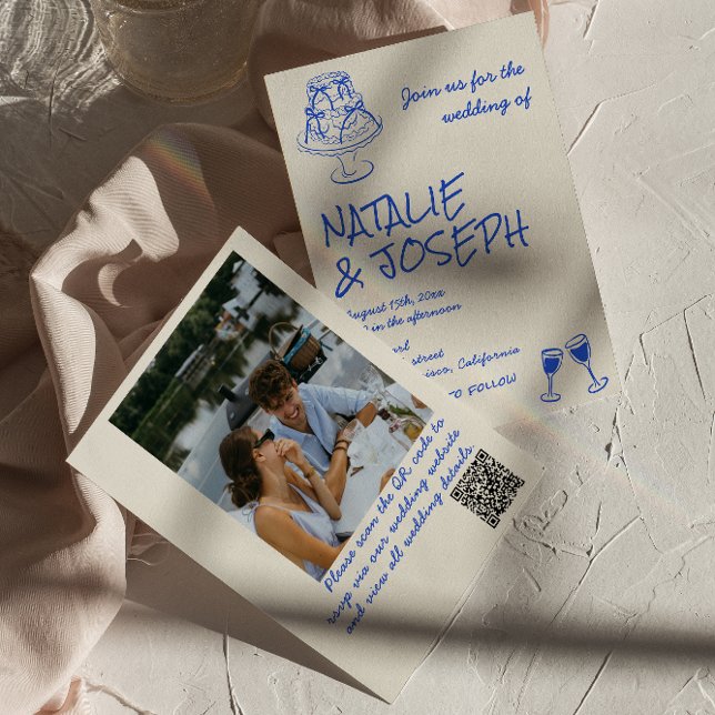 Convites Photo QR Code Hand Drawn Blue Cake Bows Wedding  (Criador carregado)