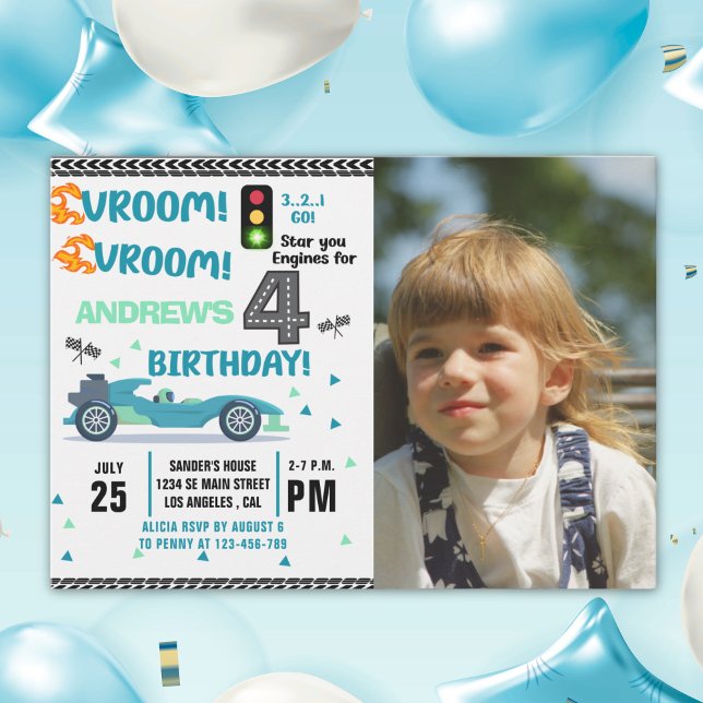 Convites Photo Race Car • 4th Birthday Racing Party (Criador carregado)
