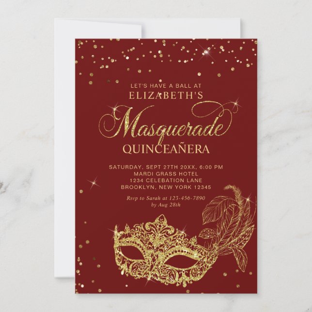 Convites Photo Red Gold Glitter Masquerade Quinceañera (Frente)