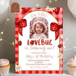 Convites Photo Red Plaid Bow Coquette Lovebug Birthday