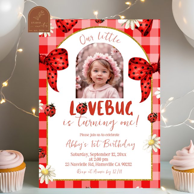 Convites Photo Red Plaid Bow Coquette Lovebug Birthday (Criador carregado)