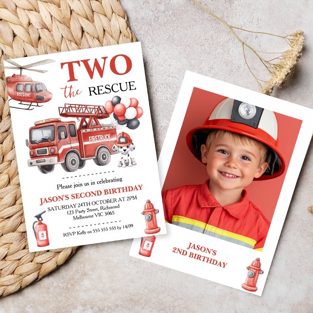 Convites Photo Red Two The Rescue Fire Truck Birthday  (Fire Truck Birthday Invitation, 
Two The Rescue Invitation, Fire Truck Invitation Template,  Photo)