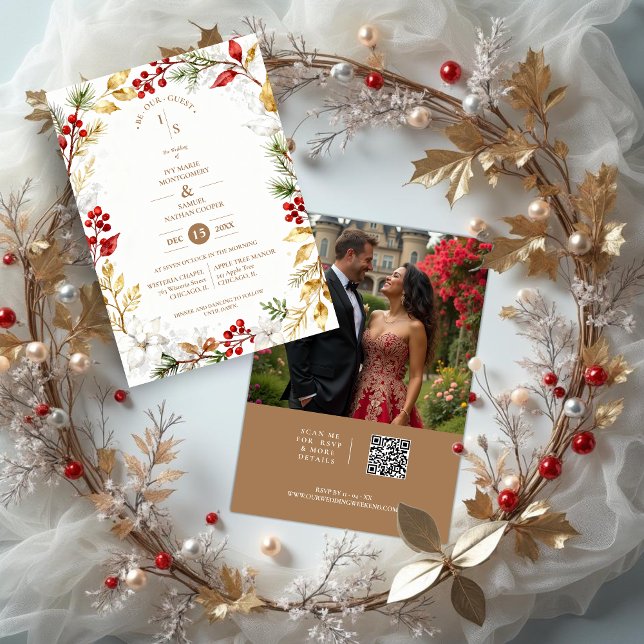 Convites Photo Romantic Winter Nature Frame Wedding (Romantic Winter Nature Frame Wedding Invitation Cards with Photo on Back and Modern QR Code. )